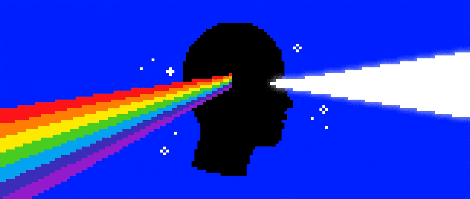 Pixel art: silhouette with rainbow and light
